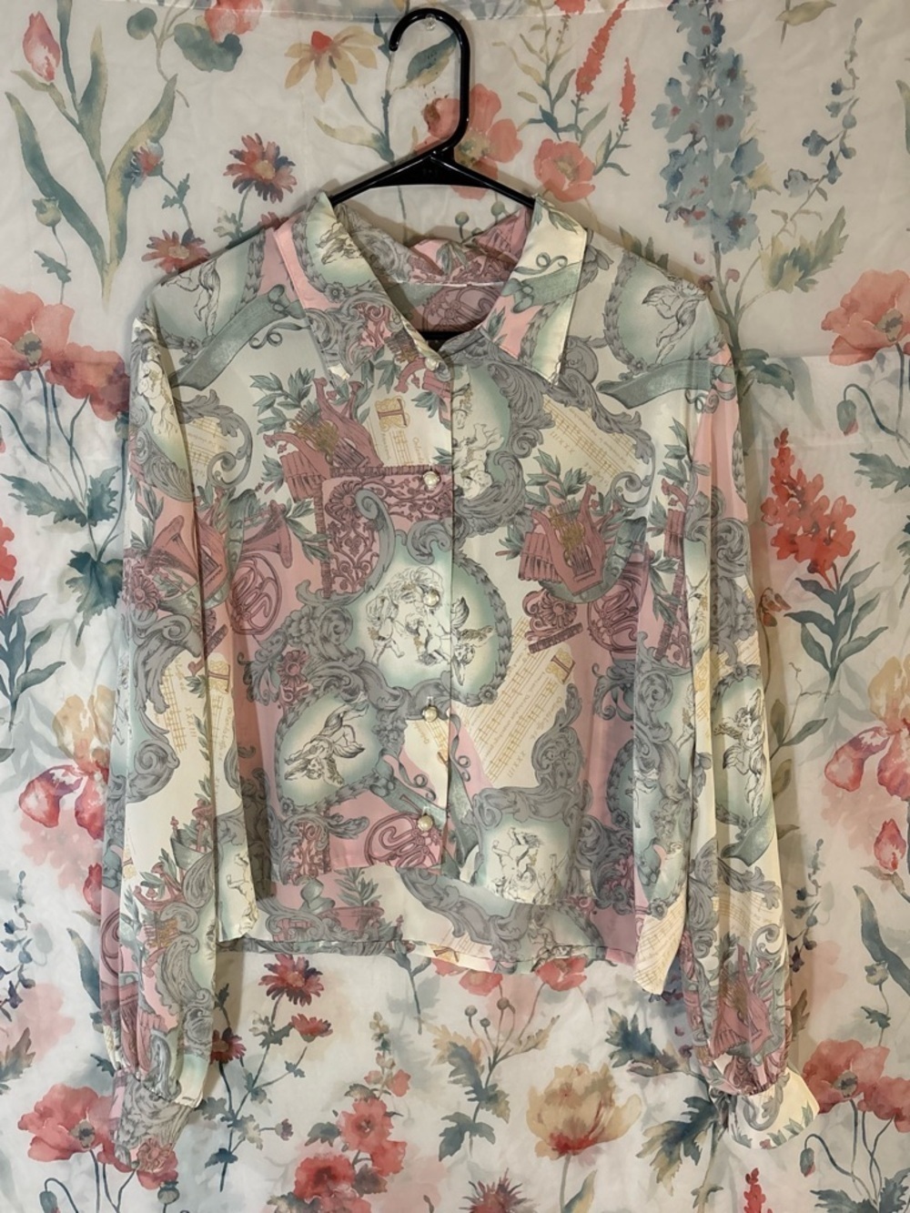 Vintage Printed Pastel Long-Sleeve Button-Up Top